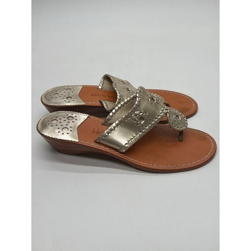 Jack Rogers Hamptons Mid Wedge Gold Leather Thong Sandals Womens 8.5 Metallic
